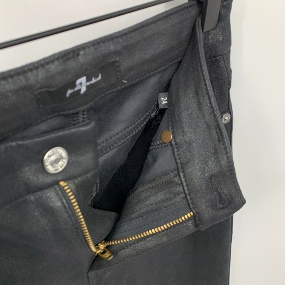 7 For All Mankind Pants Black Knee Seam Crackle Leather Skinny - Picture 6 of 11